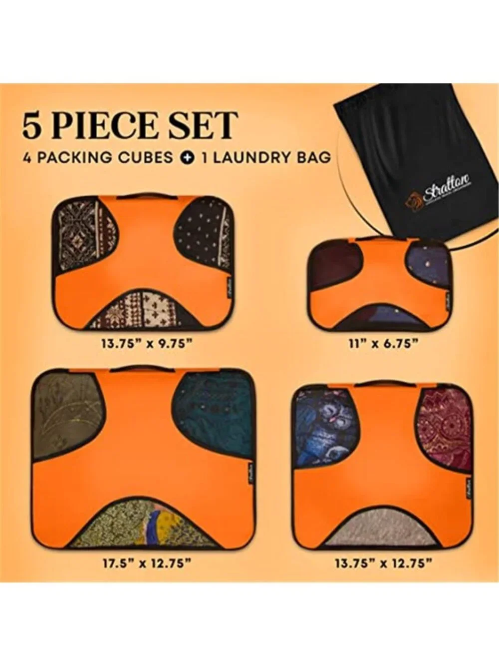 5 Set Packing Cubes Travel Luggage Organizers Laundry Bag Mandarin Orange Nylon